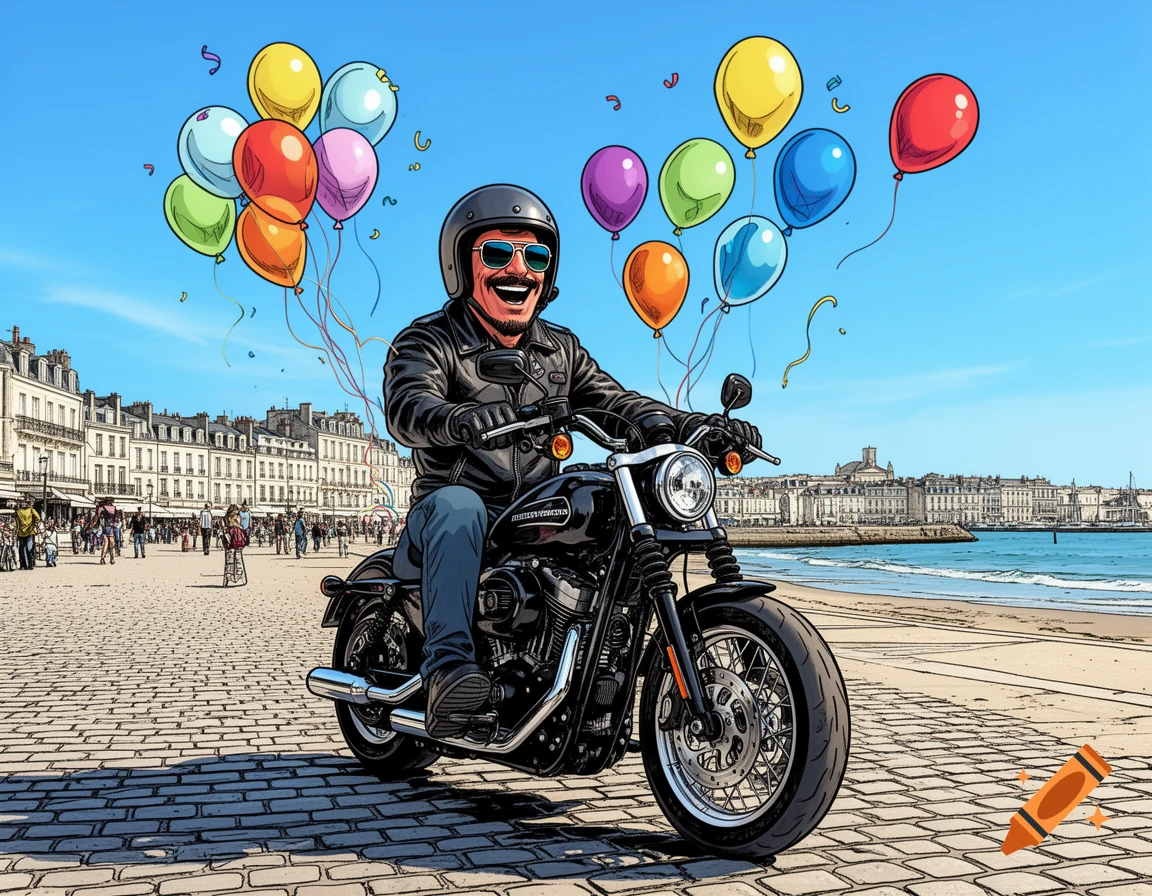 Happy biker on a Harley-Davidson with balloons by a beach and city buildings in comic book style.