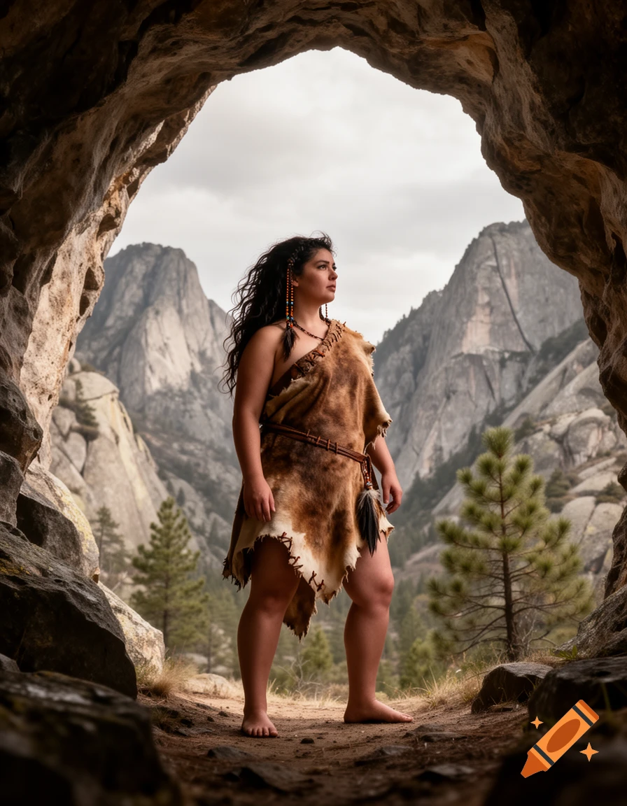 A long-haired cavewoman in fur attire stands barefoot at the mouth of a cave, looking out at a valley with rugged mountains and pine trees.