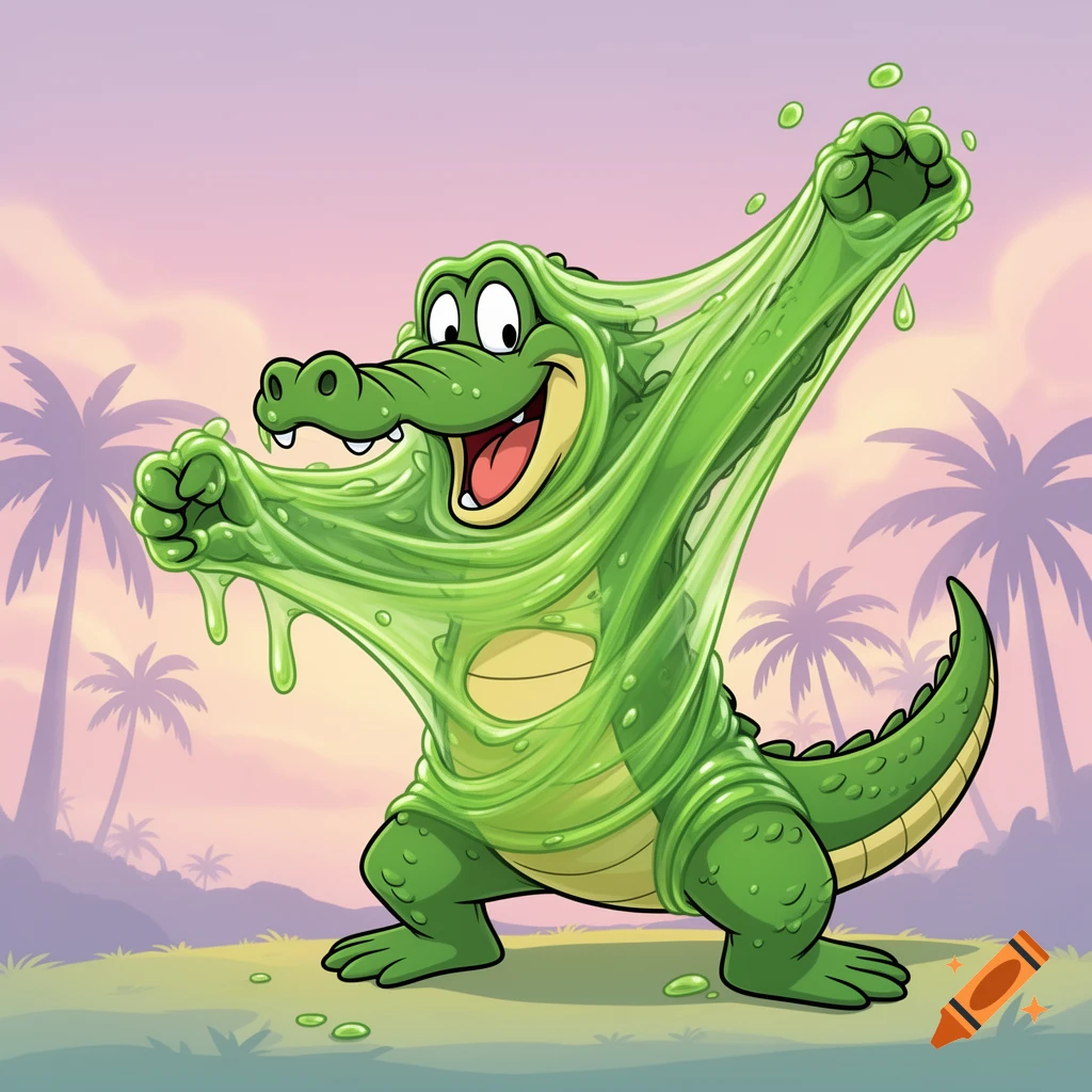 A cartoon alligator, stretched by bright green slime covering its body, stands in a tropical landscape at sunset.