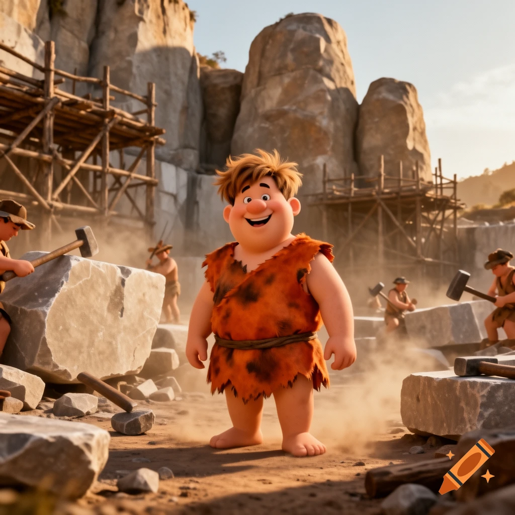 A happy, stout cartoon caveman in an orange fur outfit stands smiling in a dusty quarry, while other cavemen chip at rocks in the background.