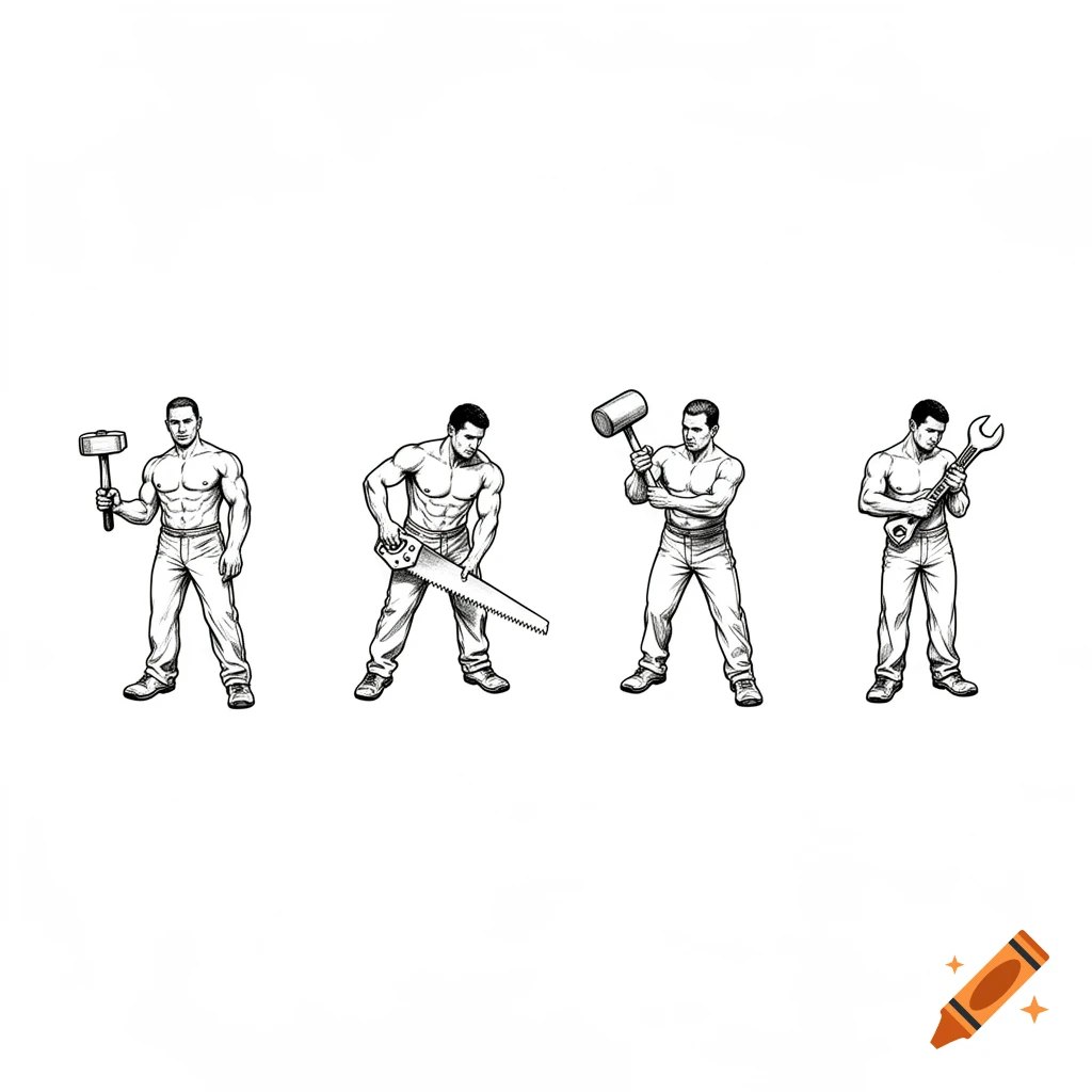 Four black-and-white illustrations of shirtless men holding a hammer, saw, mallet, and wrench, depicting workers with tools.