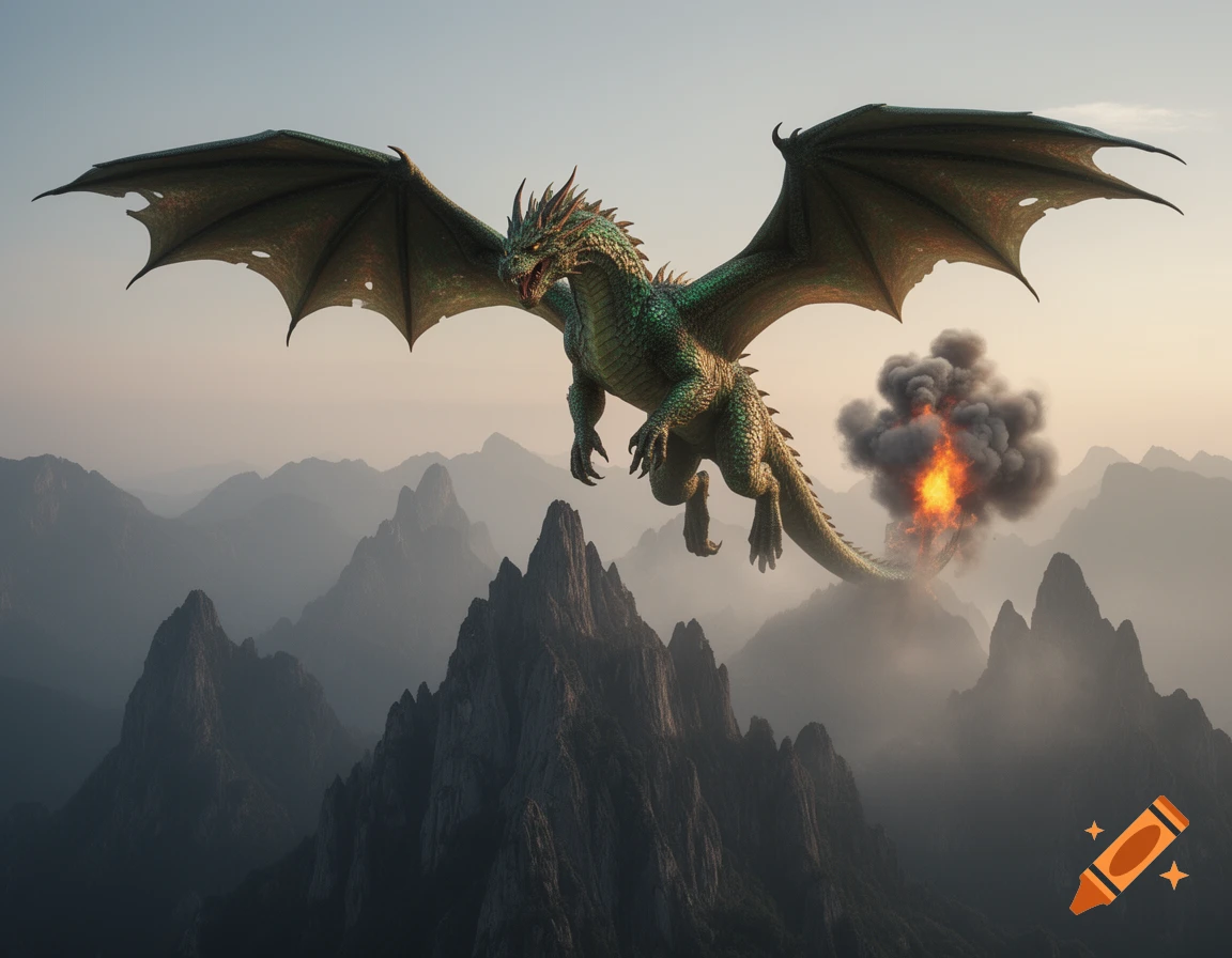 A large, green-scaled dragon with wide wings flies over hazy, jagged mountain peaks, with an orange and black explosion erupting from its tail.