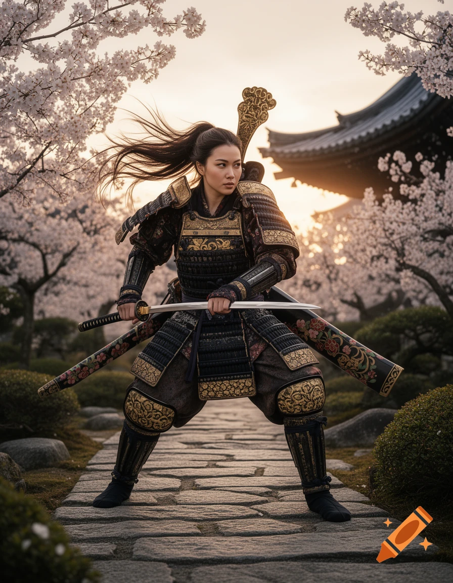 A samurai woman in ornate black and gold armor holds a katana, standing in a cherry blossom garden with a traditional building at sunset.