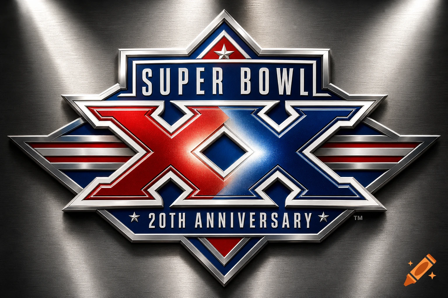 A metallic Super Bowl XX logo on a brushed metal background, featuring "SUPER BOWL" text, large red and blue "XX", and "20TH ANNIVERSARY" text.