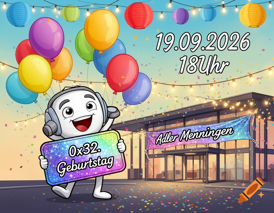 Cheerful cartoon character with headphones holds a '0x32. Geburtstag' sign amidst balloons, confetti, and a building with a 'Adler Menningen' banner and event details '19.09.2026 18Uhr'.