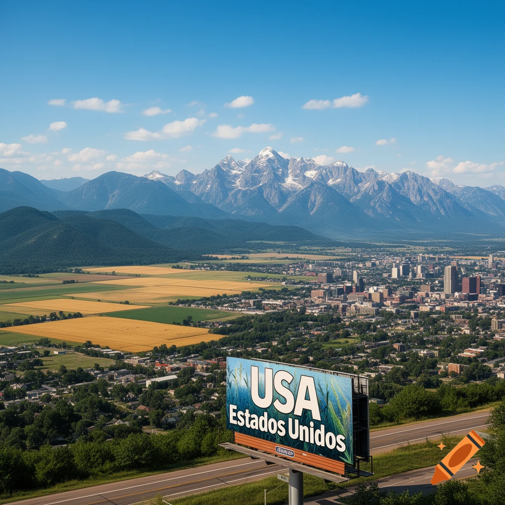 Panoramic view of a city, golden fields, and snowy mountains under a blue sky, with a billboard reading "USA Estados Unidos".