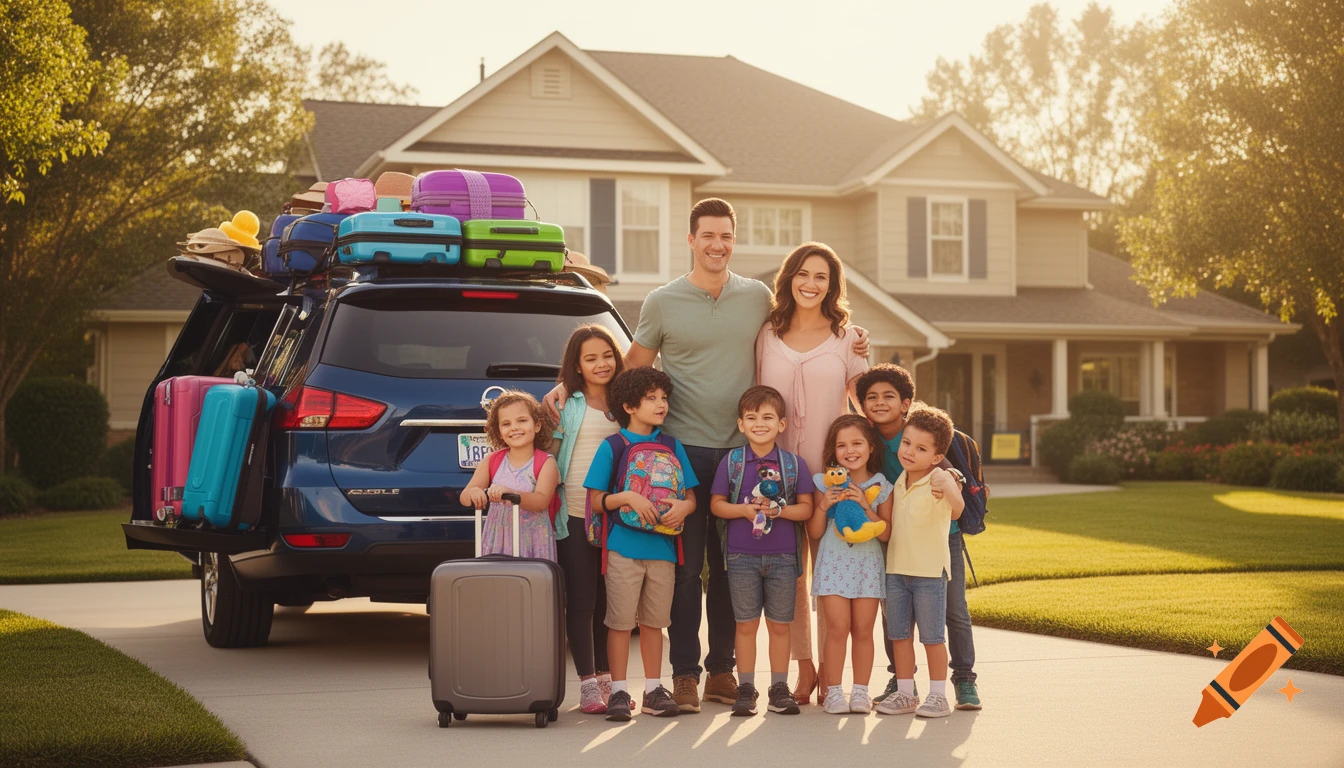 A large, happy family stands in front of their suburban home next to an SUV packed with luggage for a vacation, bathed in golden morning light.