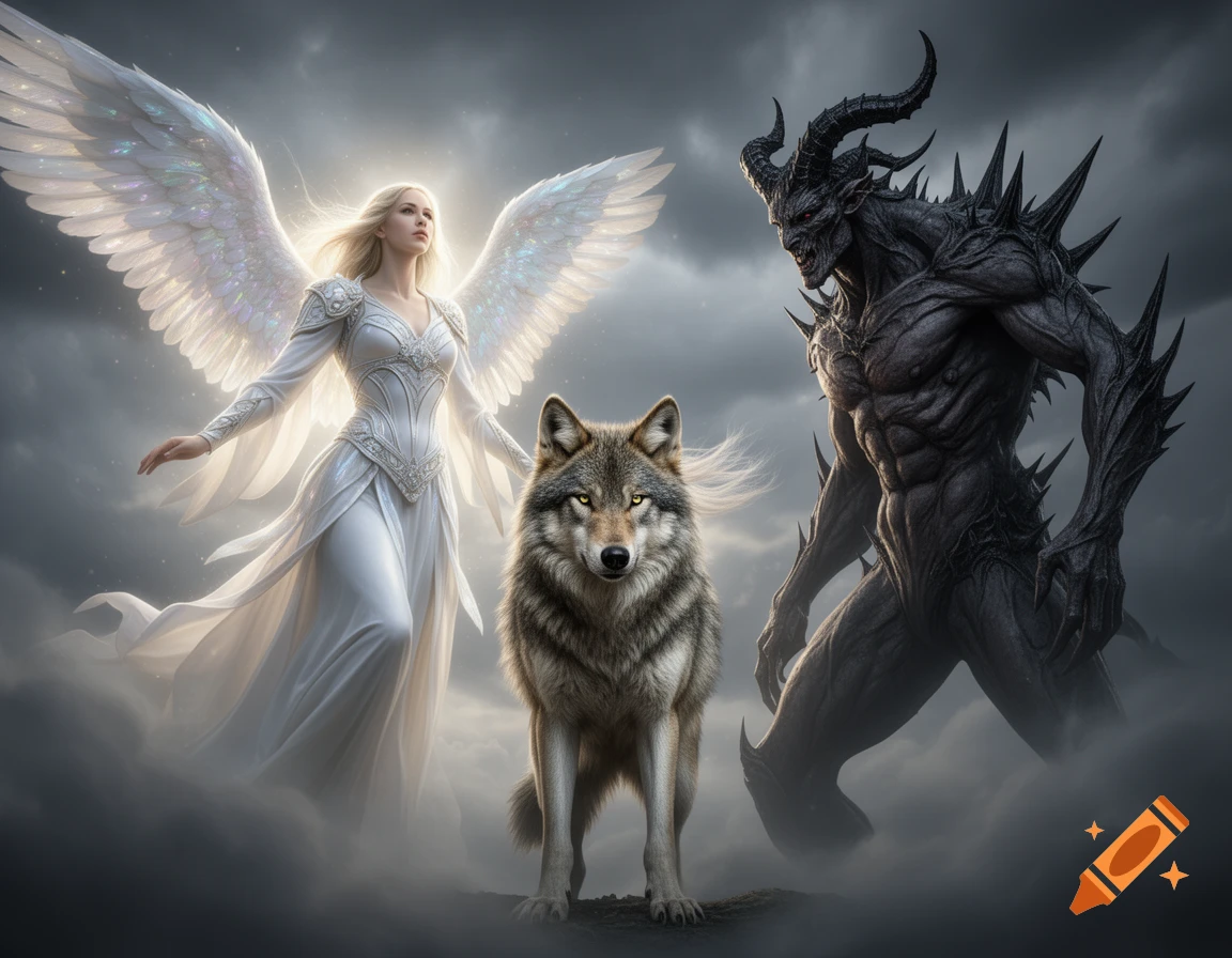 A photorealistic image of a beautiful angel in white, a fierce demon with horns and spikes, and a gray wolf standing between them against a cloudy sky.