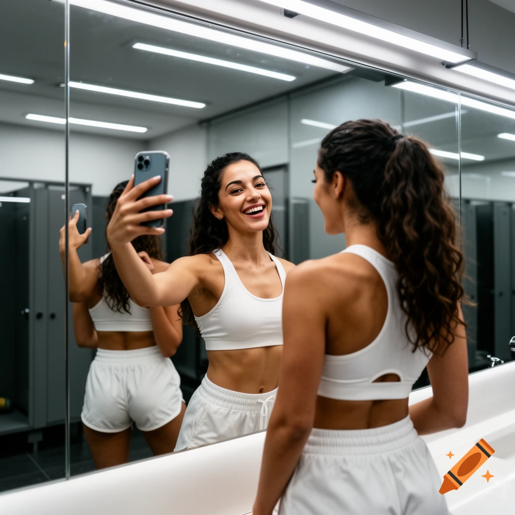 A smiling woman in a white sports bra and shorts takes a selfie in a mirror in a modern changing room.