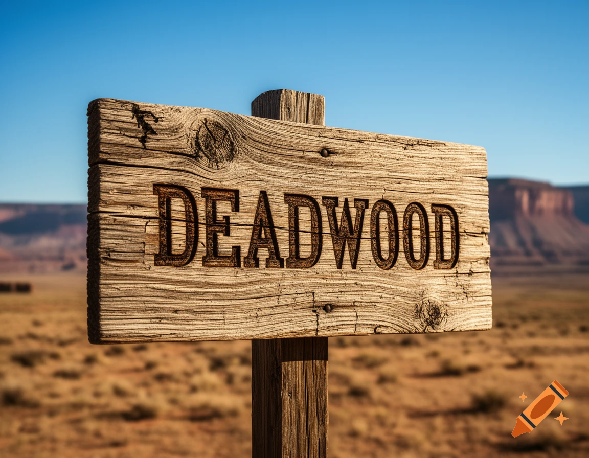 A weathered wooden sign with "DEADWOOD" carved into it, standing in a sunny desert landscape under a clear blue sky.