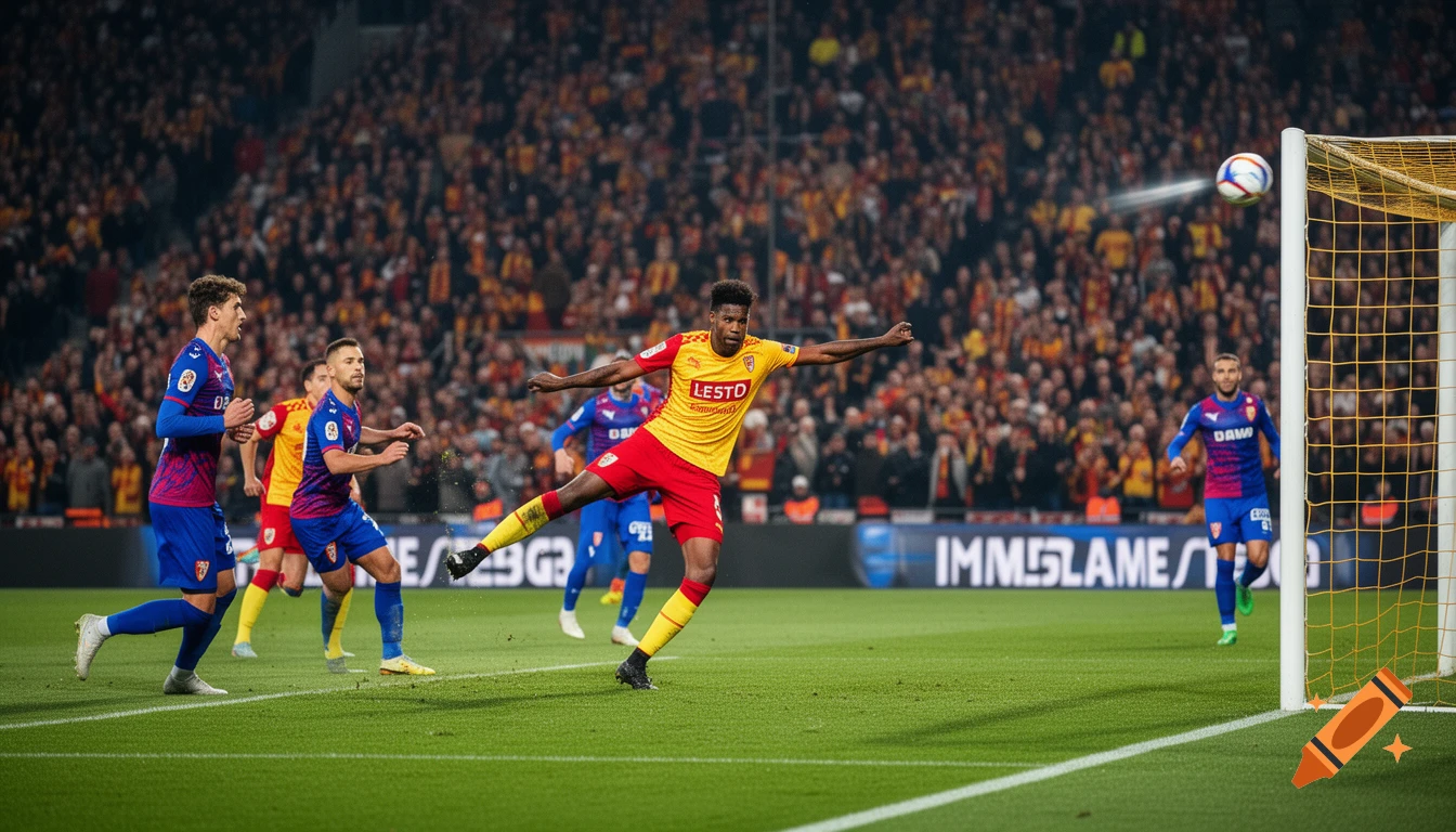 Photorealistic image of a soccer player in a yellow and red jersey kicking a ball towards the goal in a stadium filled with fans.