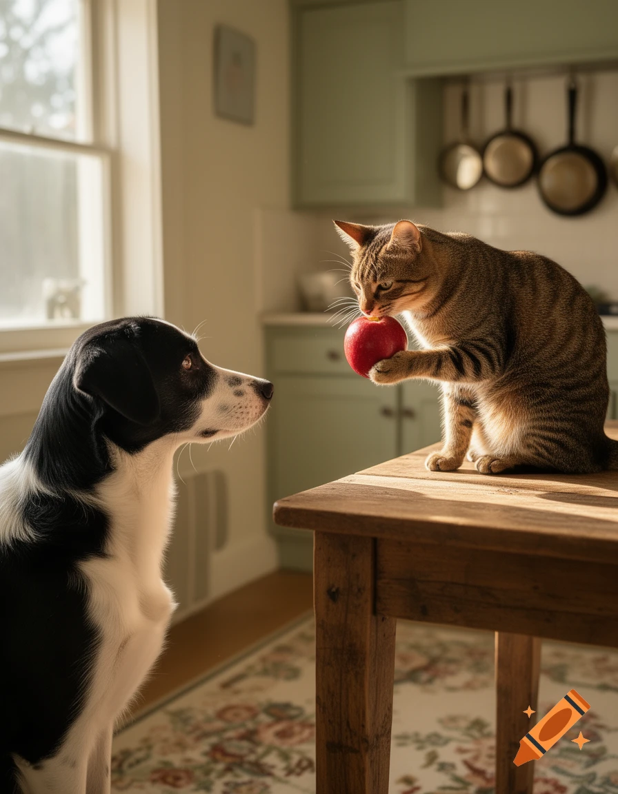 A black and white dog watches a tabby cat holding a red apple on a wooden table in a sunlit kitchen.