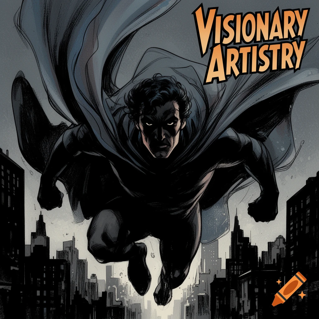 A shadowy figure in a flowing cape flies over a dark city in comic book art style. Text reads "VISIONARY ARTISTRY".