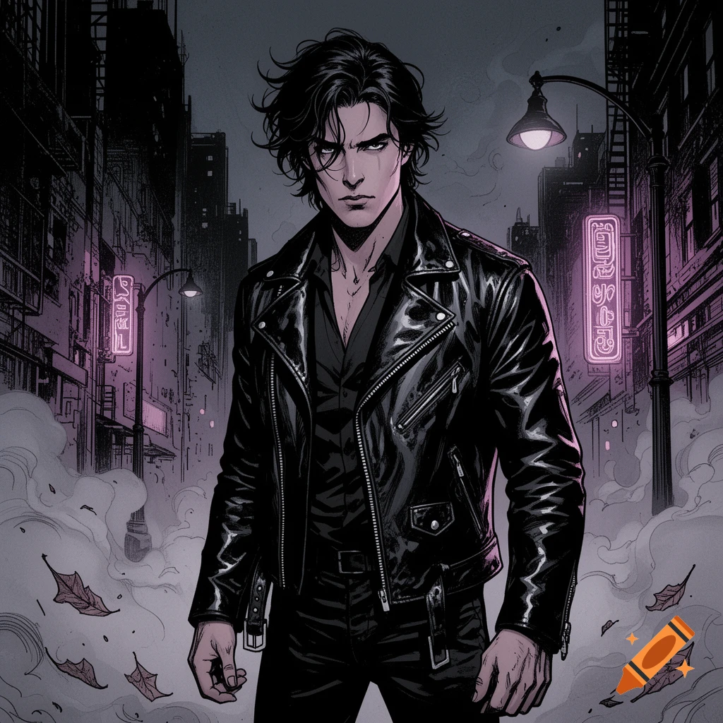 Comic art style illustration of a dark-haired man in a black leather jacket standing on a misty city street at night, with neon signs in the background.