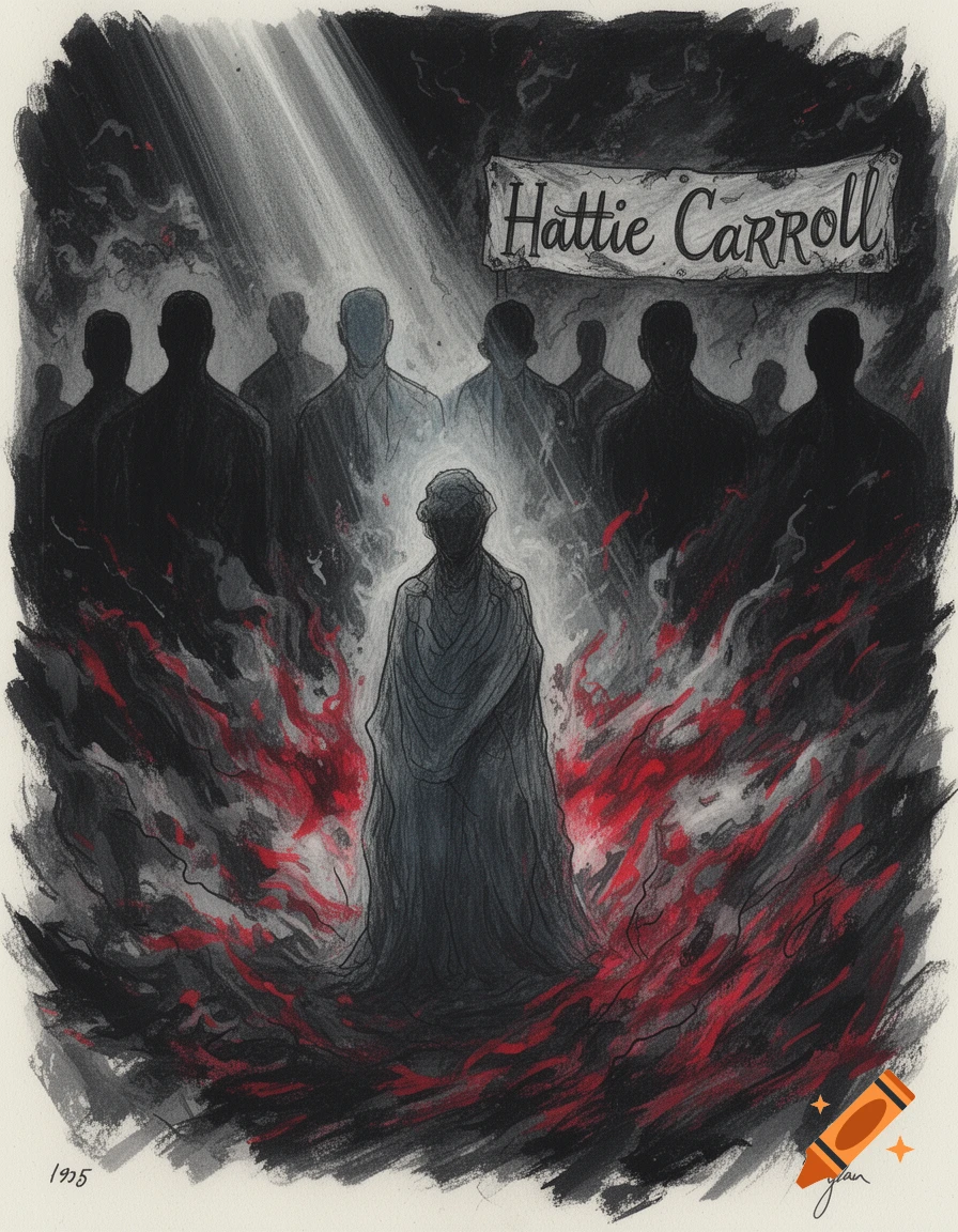 A stylized black and white illustration with red accents depicts a lone figure surrounded by silhouetted people, with fiery red and black smoke rising. A banner reads "Hattie Carroll," and a beam of light shines from above.