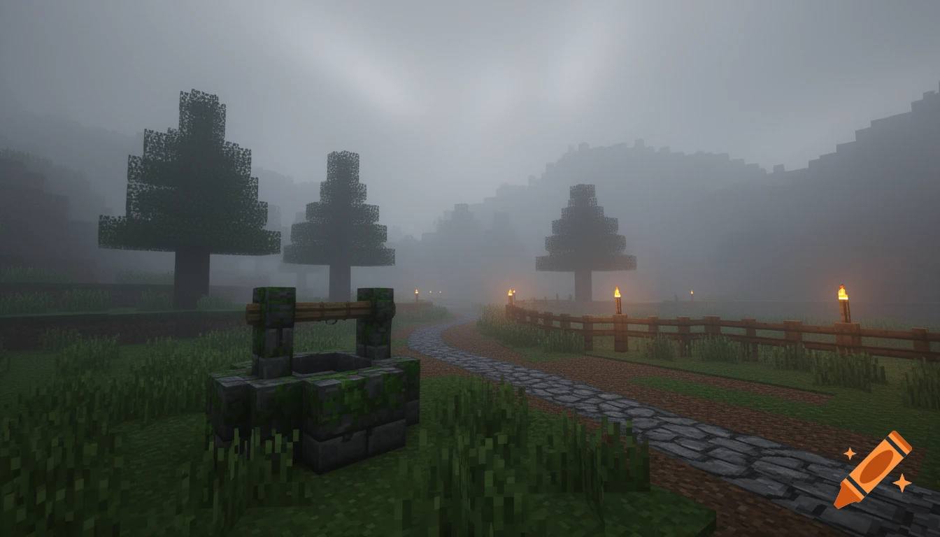 A foggy Minecraft landscape with a mossy stone well, winding cobblestone path, blocky trees, and glowing torches along a wooden fence.