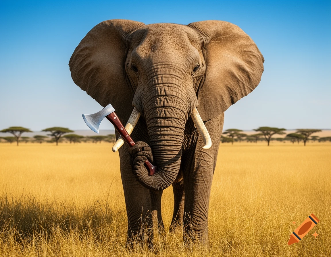 A photorealistic elephant stands in a golden savanna, holding a small axe in its trunk under a clear blue sky.