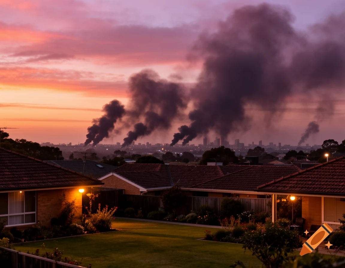 A dramatic sunset over a suburban neighborhood with multiple large plumes of dark smoke rising from a distant city.