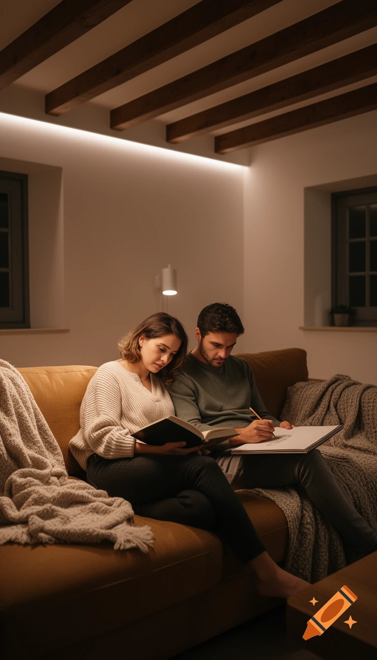 A couple on a cozy couch at night, one reading a book and the other drawing in a photorealistic style.
