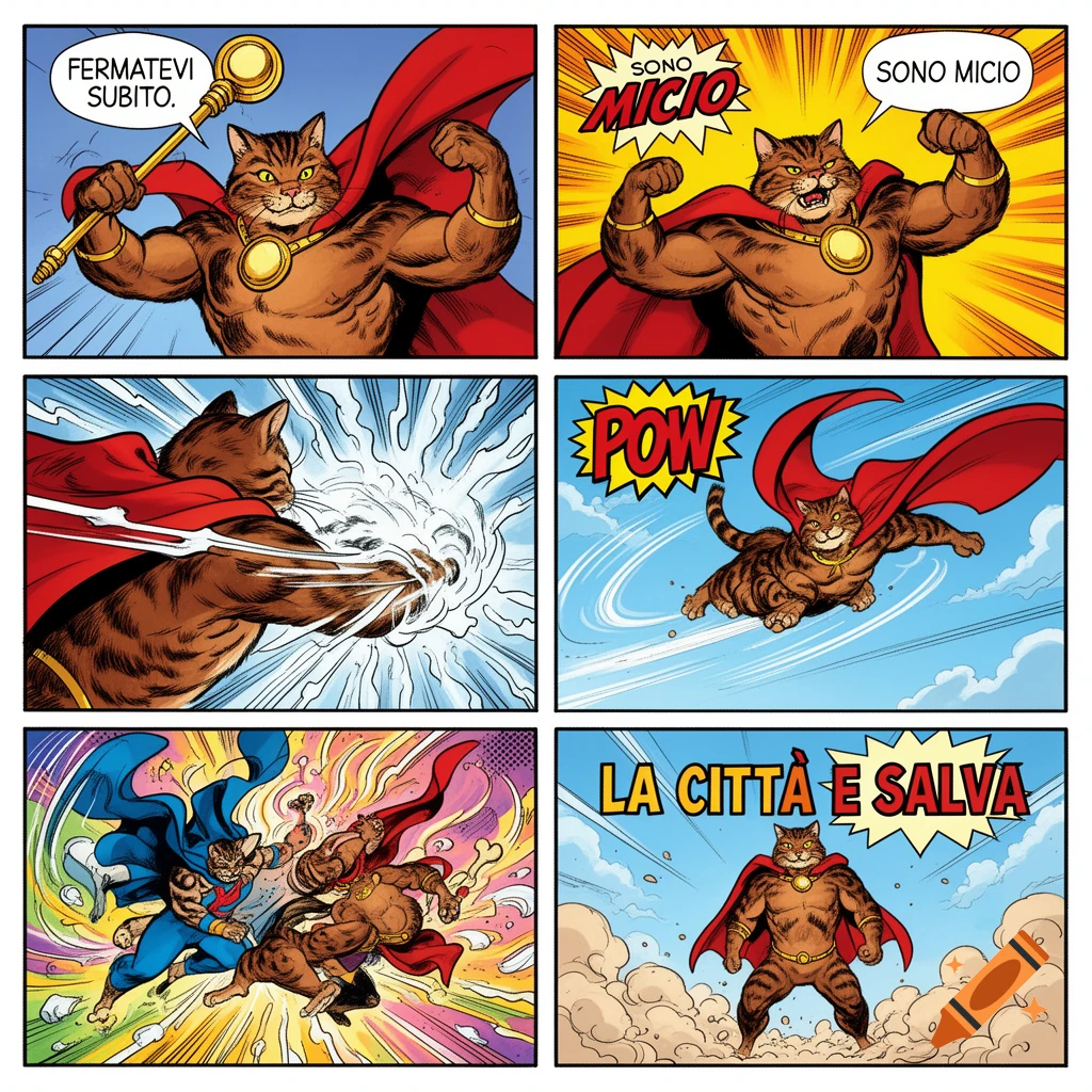 A six-panel comic strip featuring a muscular, anthropomorphic brown tabby cat superhero in a red cape. The cat is shown commanding, flexing, punching, flying, fighting another cat-like figure, and finally standing victorious amidst dust with the text 'LA CITTÀ È SALVA'.