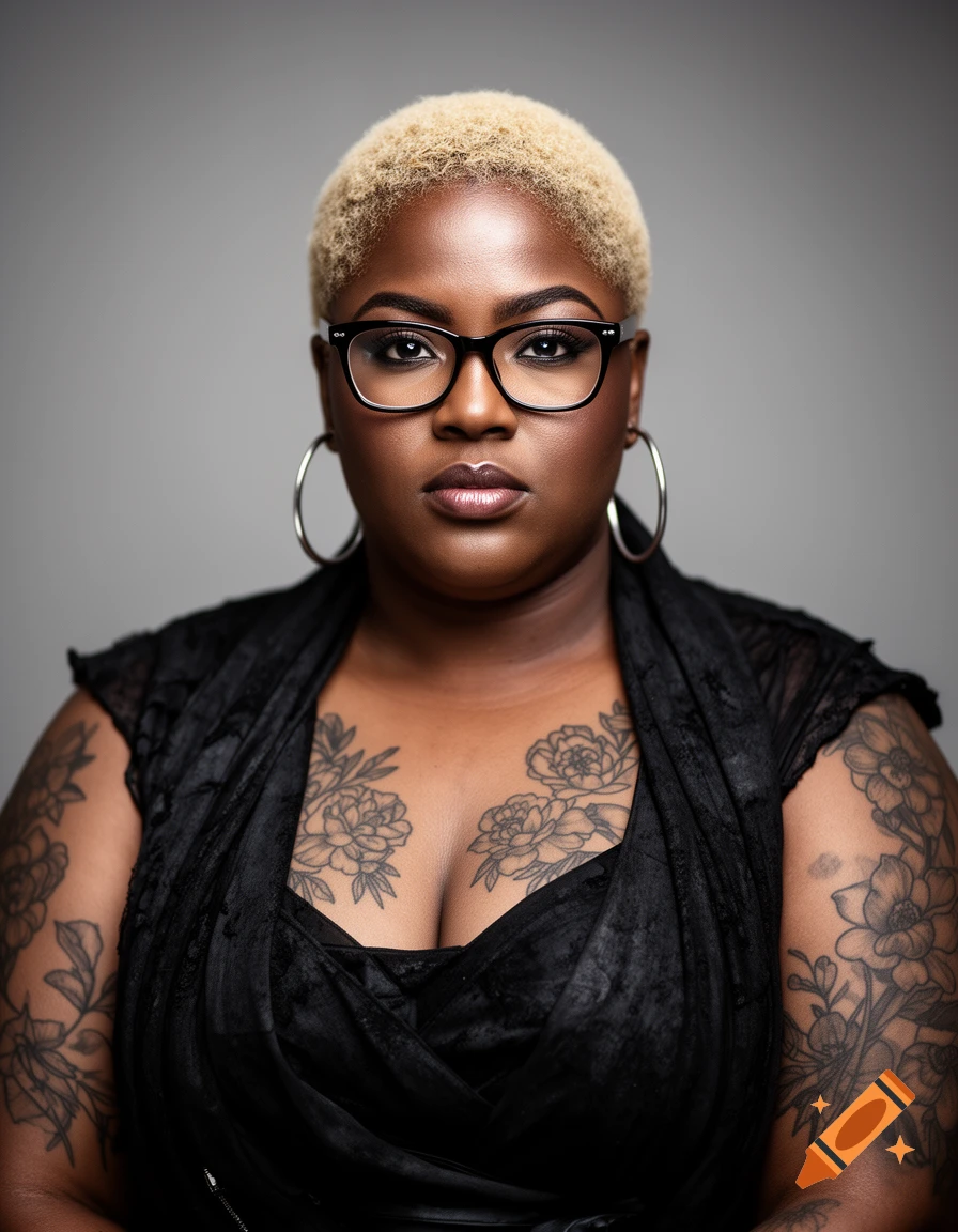 Photorealistic portrait of a confident plus-sized Black woman with short blonde hair, glasses, hoop earrings, and floral chest/arm tattoos.
