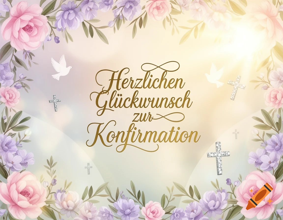 Elegant greeting card with pink and purple flowers, doves, and glittery crosses, with golden German text 'Herzlichen Glückwunsch zur Konfirmation' in the center.