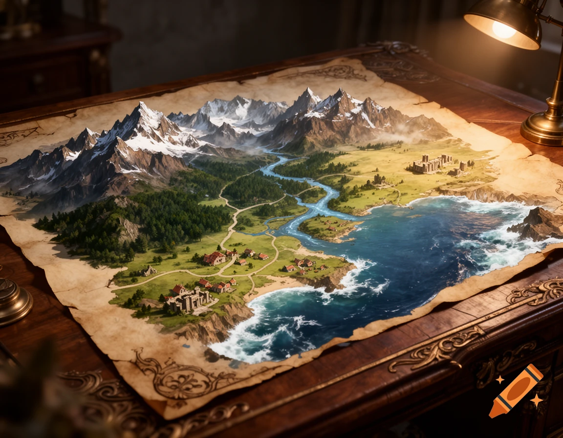 A detailed, antique-style fantasy map showing snow-capped mountains, rivers, forests, villages, and a coastline on a wooden table with a brass lamp.