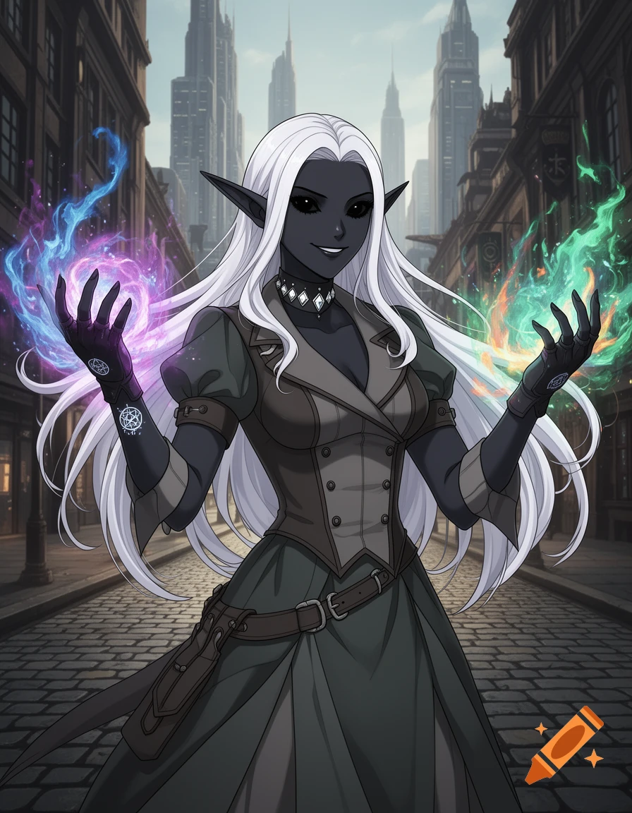 An anime-style Drow elf with obsidian skin, white hair, and black eyes ...