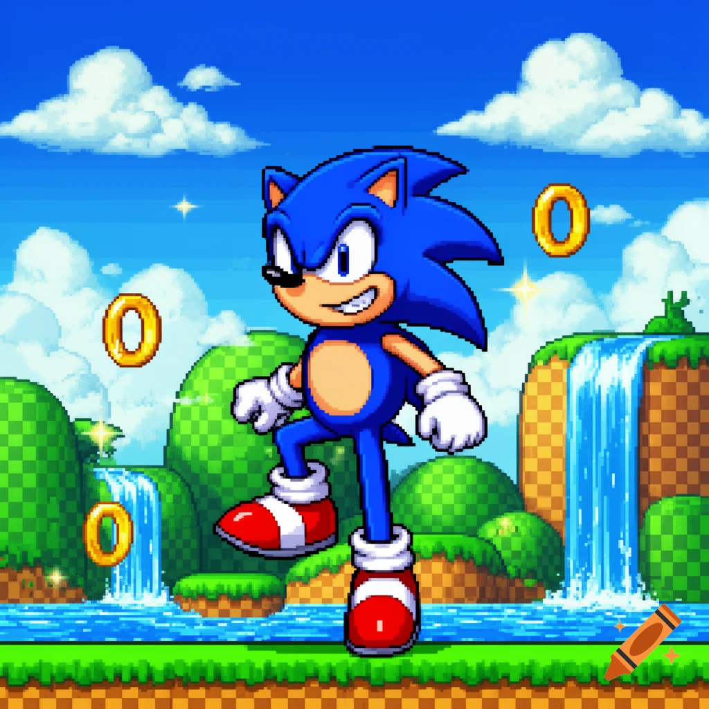 A pixel art Sonic the Hedgehog stands on green terrain with waterfalls, clouds, and floating golden rings under a blue sky.