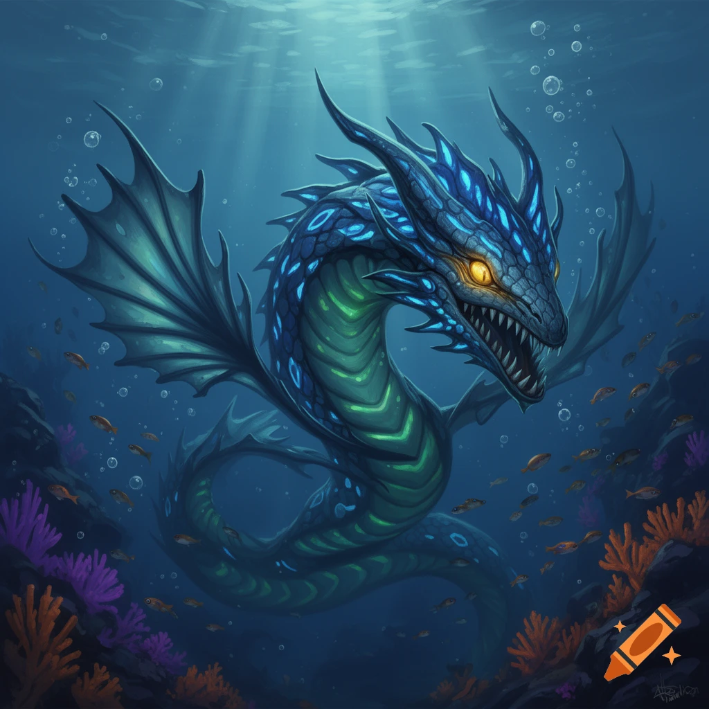 A vibrant blue and green sea dragon with glowing yellow eyes swims gracefully underwater amidst small fish and coral, with sun rays from above.
