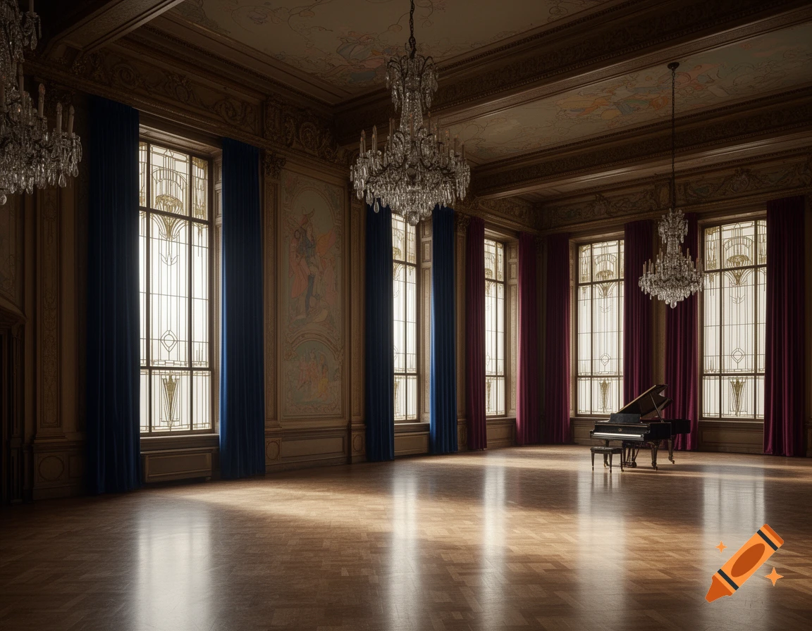 Empty photorealistic 1920s ballroom with a grand piano, tall windows, chandeliers, and decorative walls.