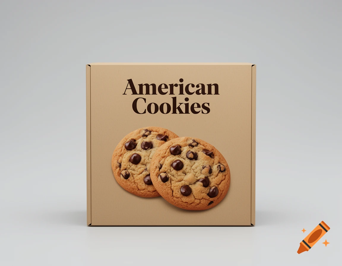 Realistic 3D render of a brown cardboard box labeled 'American Cookies' with two chocolate chip cookies illustrated on the front.