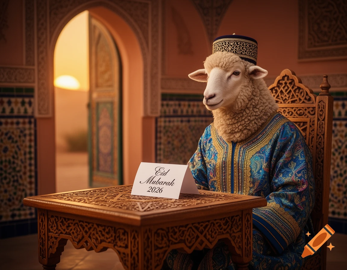 A photorealistic sheep in a blue and gold Moroccan caftan and hat sits at a carved wooden table with an 'Eid Mubarak 2026' card. A Moroccan archway shows a sunset.