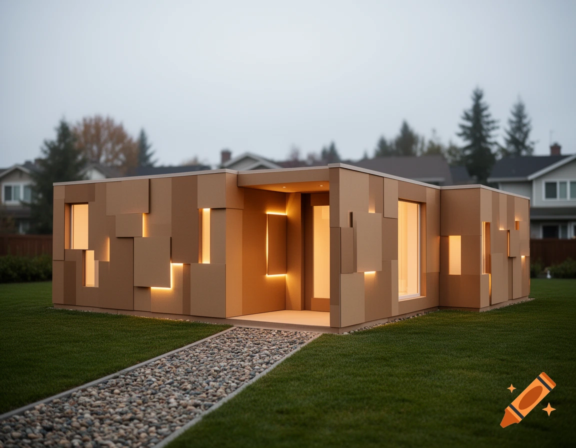 A modern house with cardboard-like panels and integrated glowing lights at dusk, set on a green lawn with a pebble path.
