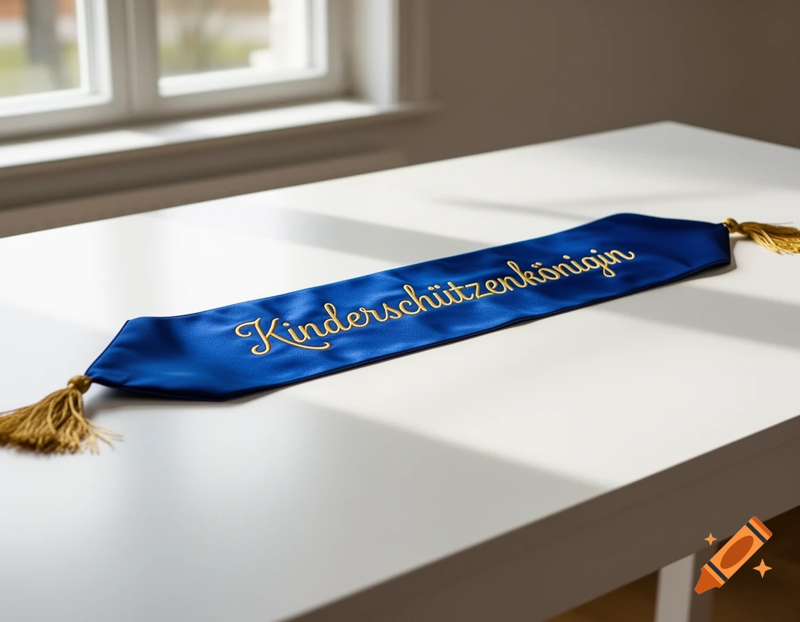 A blue ceremonial sash with gold 'Kinderschützenkönigin' text and tassels lies on a white table near a window.