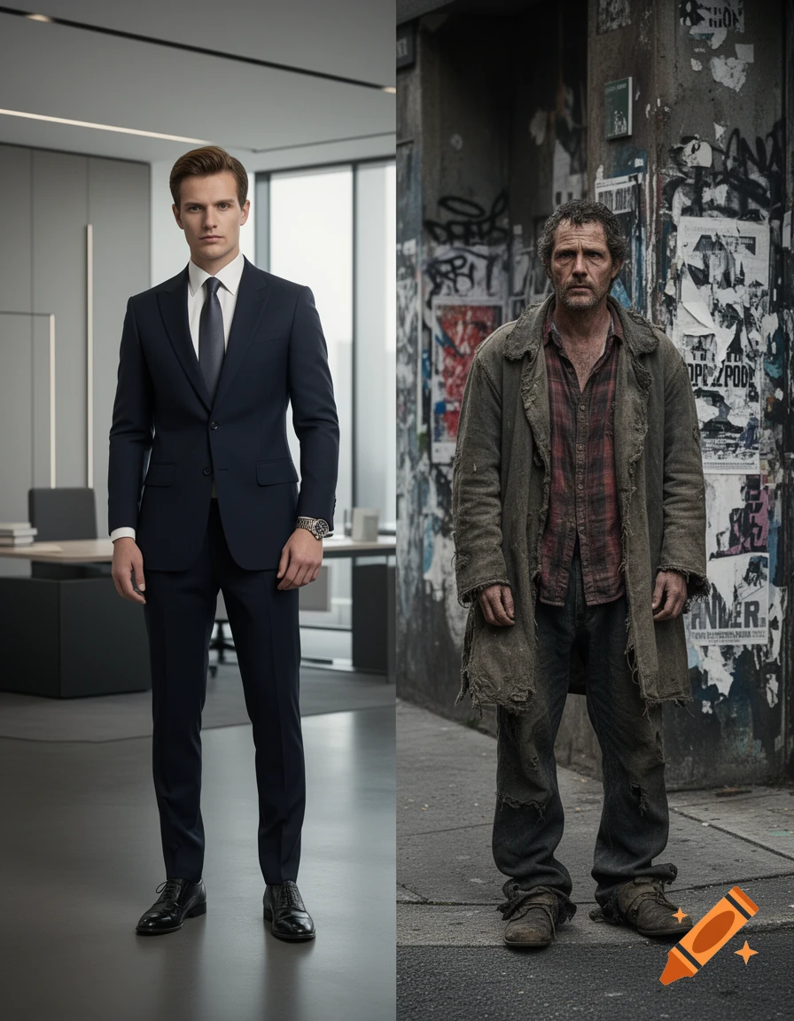 A diptych showing a well-dressed man in a suit in a modern office on the left, and a disheveled, homeless man on a city street on the right.
