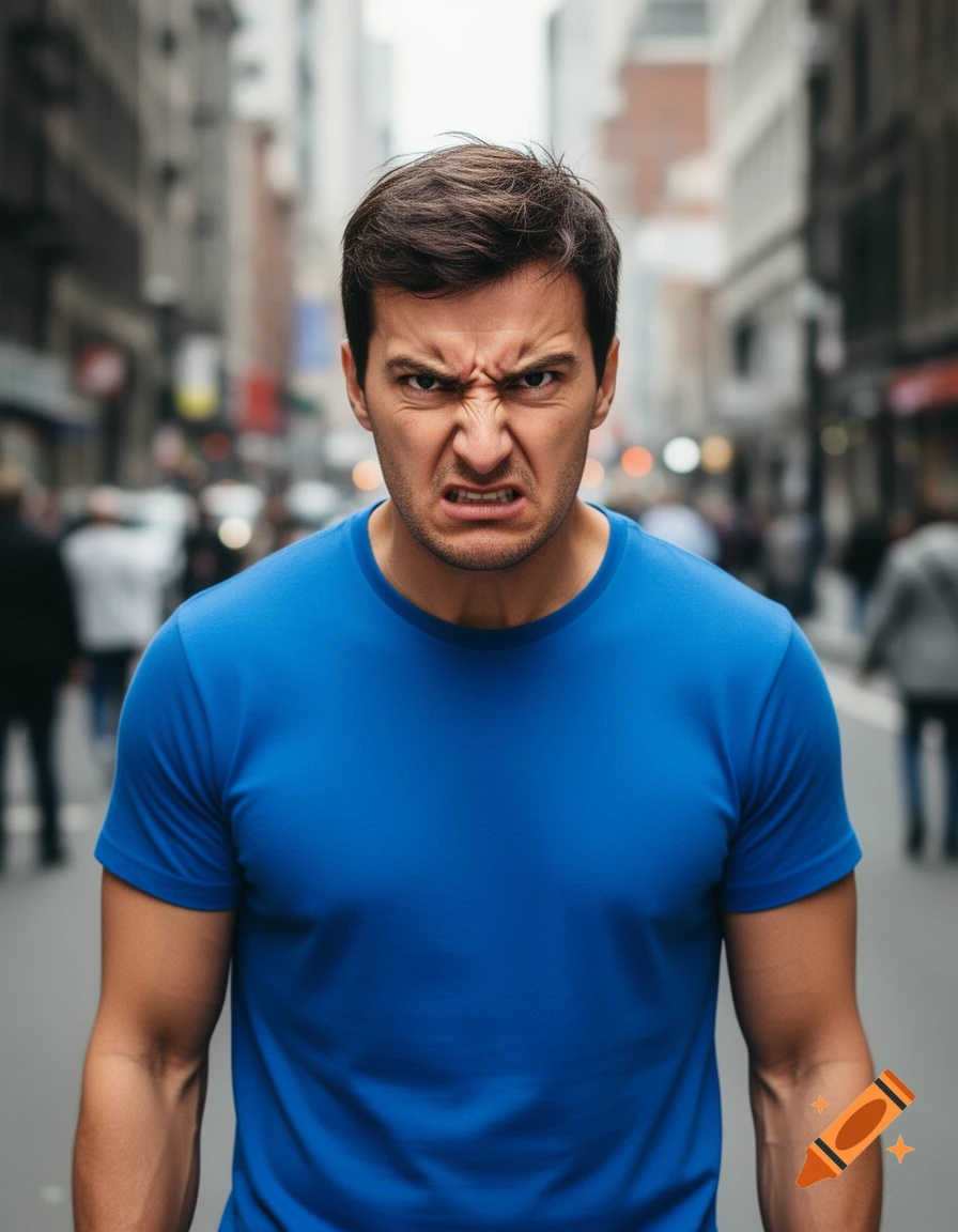 A photorealistic portrait of an angry man in a blue t-shirt standing on a blurry city street.