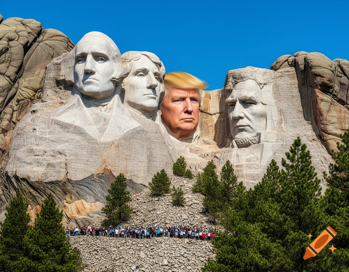 Photorealistic image of Donald Trump's face carved into Mount Rushmore with Washington, Jefferson, Lincoln, and a crowd below.