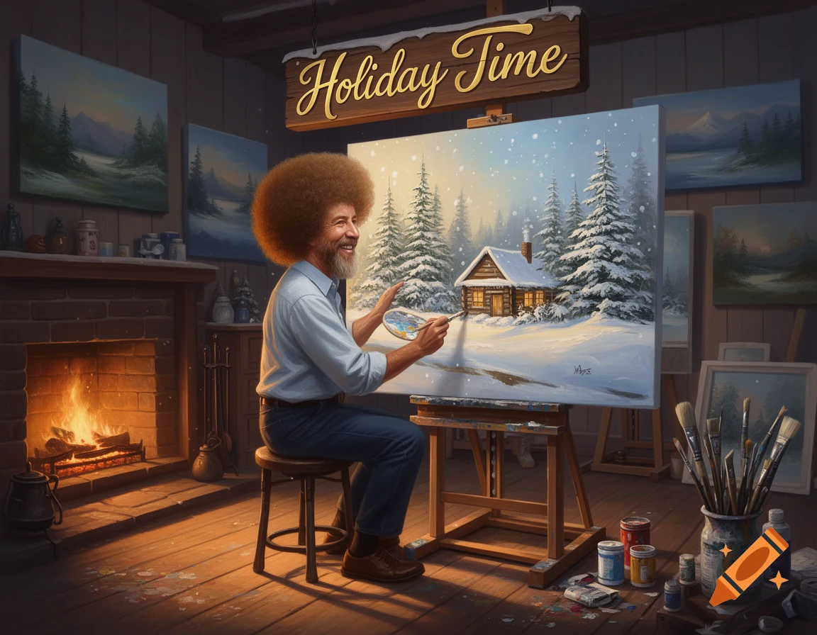 Bob Ross happily paints a snowy winter landscape in a cozy cabin studio with a fireplace, under a sign reading "Holiday Time".