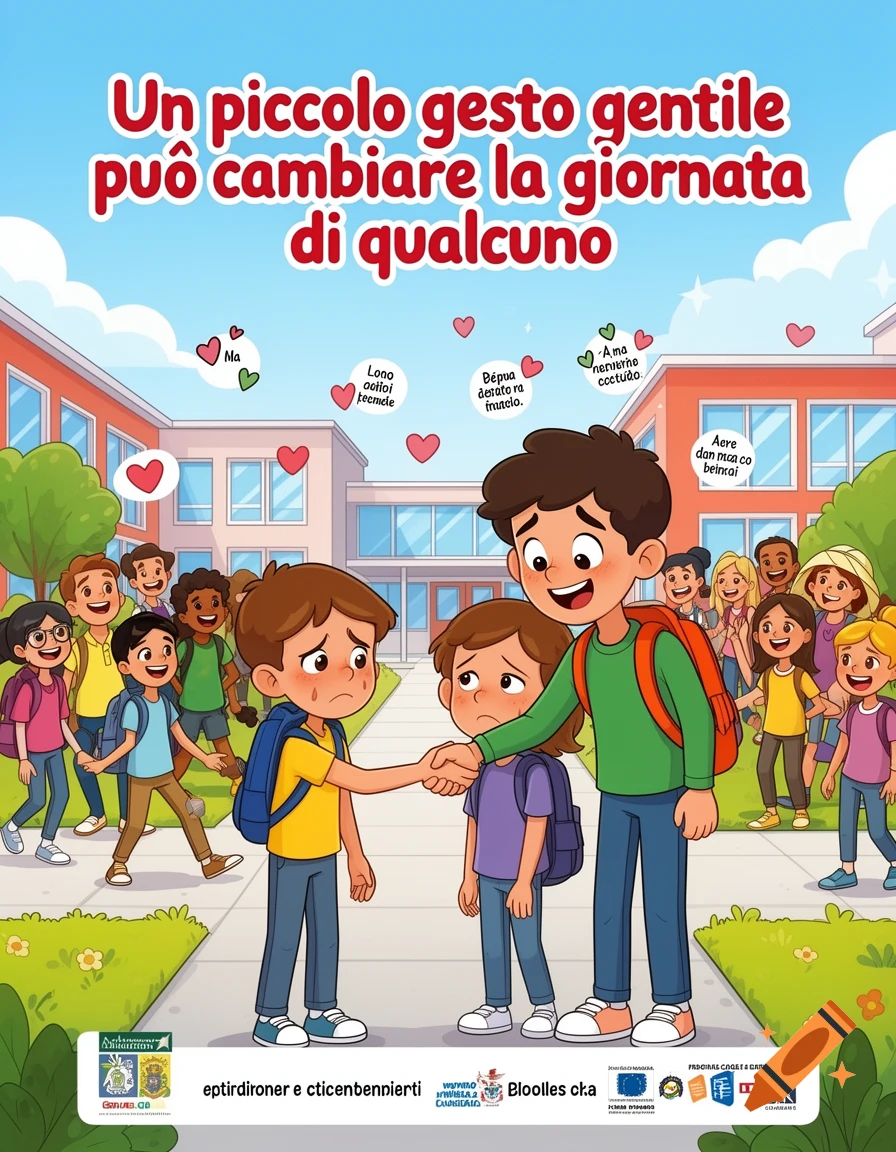 Cartoon poster showing a kind boy helping a sad boy and girl by offering a handshake at a school. Other smiling children and a school building are in the background.