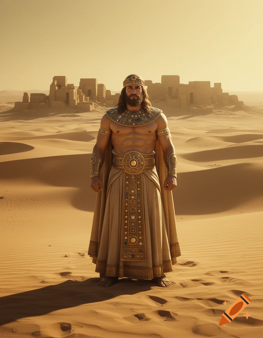 A muscular man in golden ancient attire stands barefoot in a desert with ruins under a clear sky, photorealistic.