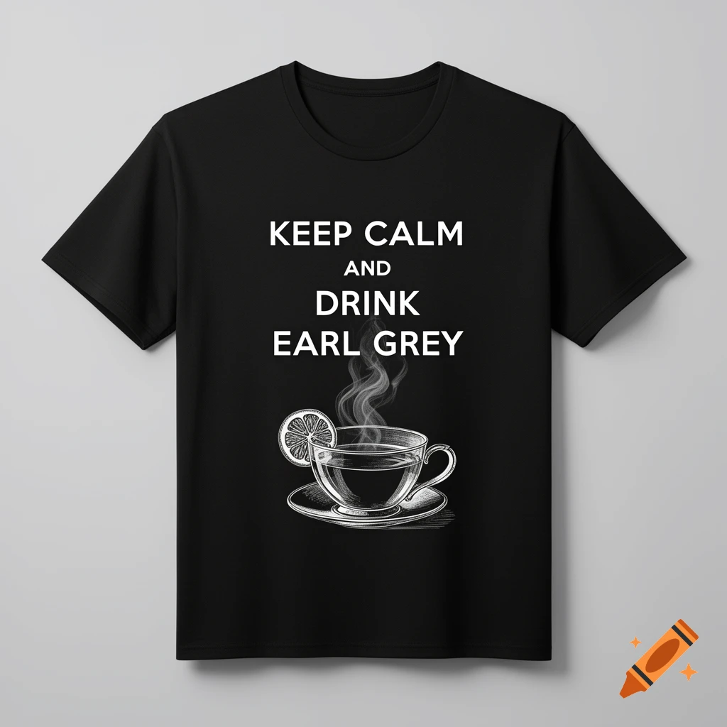 Black t-shirt with white text "KEEP CALM AND DRINK EARL GREY" and a steaming teacup with a lemon slice.