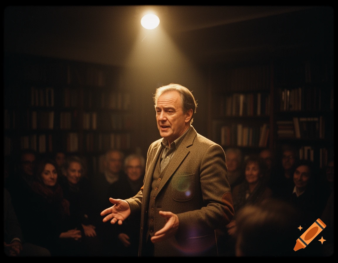 A man in a tweed jacket speaks to an audience in a dimly lit room with bookshelves, lit by a single spotlight, in a grainy, vignetted photographic style.
