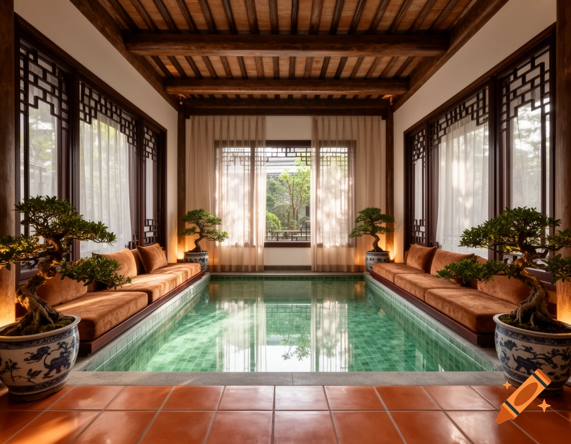 An indoor swimming pool surrounded by Chinese architectural wooden structures, large windows, and bonsai trees.