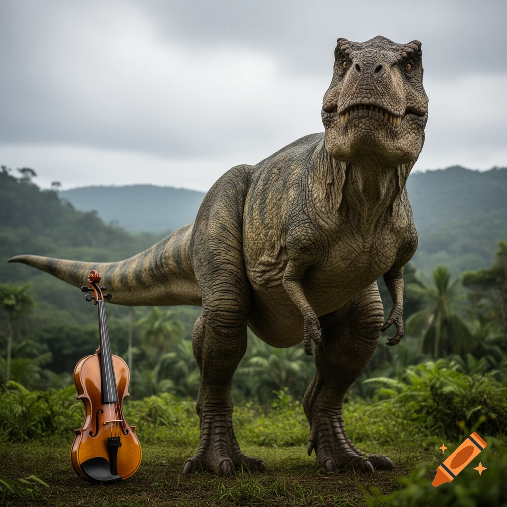 A photorealistic T-rex stands in a lush jungle next to an upright violin.