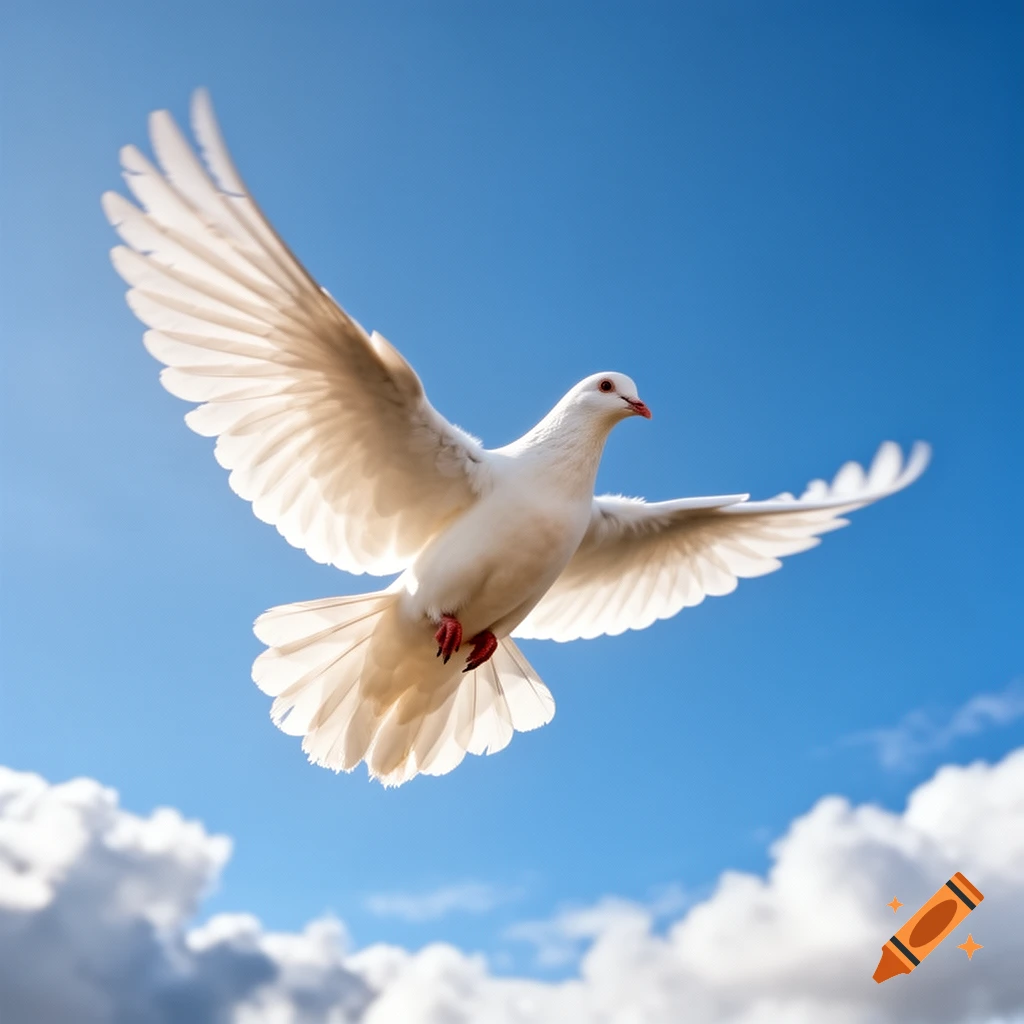 A photorealistic white dove with outstretched wings soars against a bright blue sky with scattered clouds.