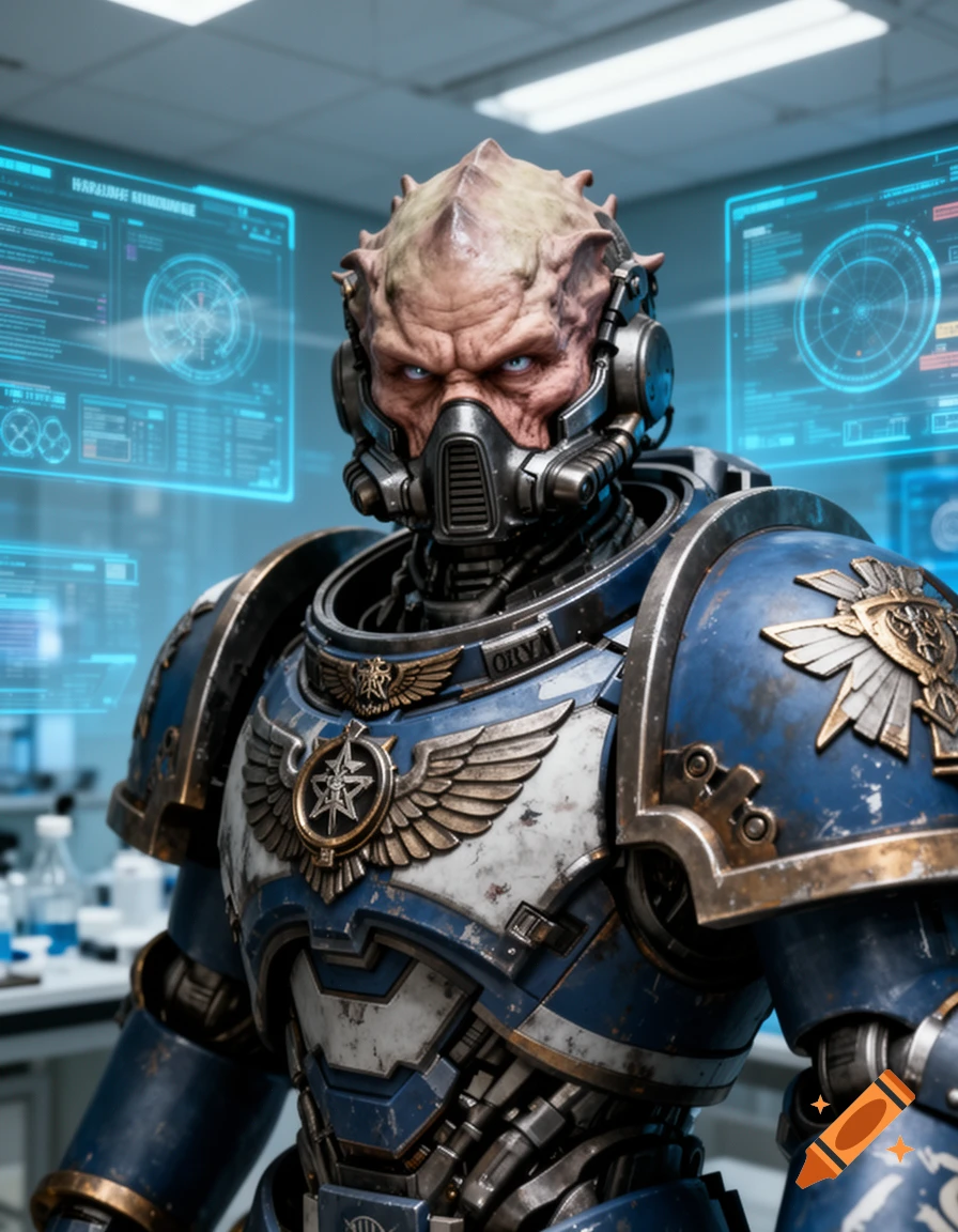 A detailed portrait of Oryn, a monstrous alien in blue and white Warhammer 40k power armor, with holographic displays in the background.