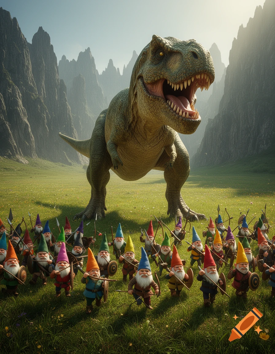 A giant realistic T-Rex roars, facing an army of gnomes wielding bows and shields in a grassy valley with mountains.