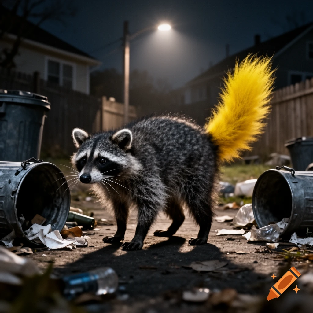 A photorealistic image of a raccoon with a bright yellow tail, standing amongst scattered trash and cans in a dark alley under a streetlamp.