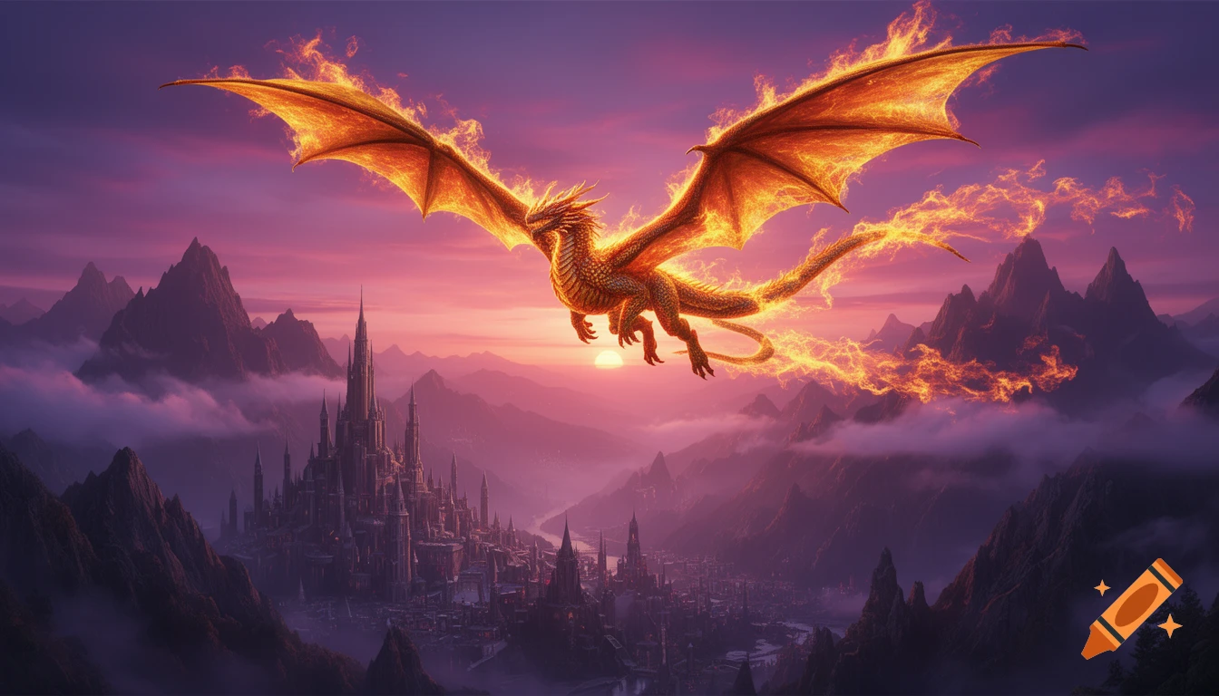 A large golden dragon with fiery wings soars over a sprawling fantasy city and majestic mountains at sunset, against a vibrant purple and orange sky.
